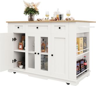 STILVORA Carro De Cocina Con Caj&oacute;n, Almacenaje Y Encimera Abatible, En Mdf Metal Y Vidrio, Blanco Natural, 151,5 X 60 X 91,7 Cm