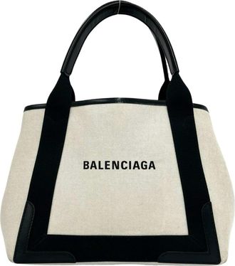 Balenciaga Black Ivory Canvas Leather Handbag Tote Bag (Pre-Owned)