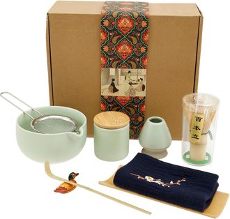 OEM Elegante Juego De Preparaci&oacute;n De Matcha De 9 Piezas Con Batidor De Bamb&uacute; Y Taz&oacute;n De Cer&aacute;mica, Color Verde