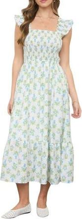 Blu Pepper Floral Tile Smocked Midi Dress in Blue Multi at Nordstrom Rack, Size Medium