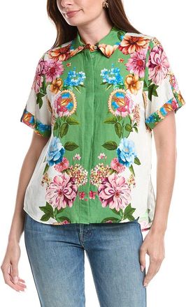 T Tahari Button Down Linen-Blend Blouse