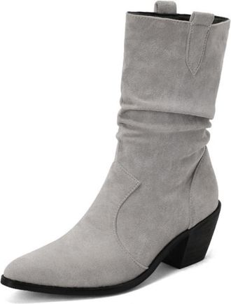 Generic Womens Slouchy Mid Calf Boots Suede Pointed Toe Chunky Heel Slip On Comfortable Non Slip Durable Stylish for Daily Casual Office Wear,Grey,9.5 UK