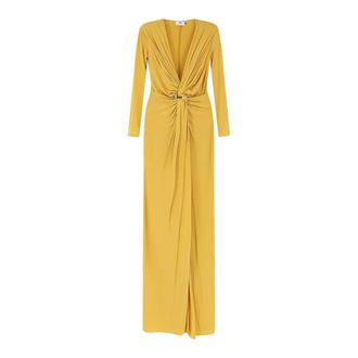 Elisabetta Franchi Kleedjes, Dames, Geel, M, V-hals Gedrapeerde Avondjurk