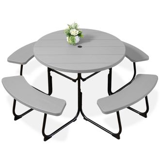 Best Choice Products 8-Person Circular Outdoor Picnic Table w/ 4 Benches, Umbrella Hole, 2000lb Capacity