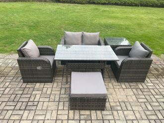 Fimous Outdoor Rattan Garden Furniture Lounge Sofa Set With Oblong Dining Table 2 PC Reclining Chair Side Table in Dark Grey