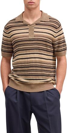 Nn.07 Noam Stripe Linen Polo in Mable Husk at Nordstrom, Size Xx-Large