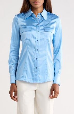 Diane Von F&uuml;rstenberg Toni Long Sleeve Snap Front Satin Shirt in Misty Blue at Nordstrom Rack, Size 10