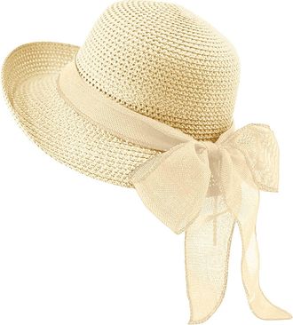 Generic Ladies Straw Sun Hats Bowknot Wide Brim Summer Beach Hats Foldable Packable Bucket Hat Holiday Travel Cap Beige