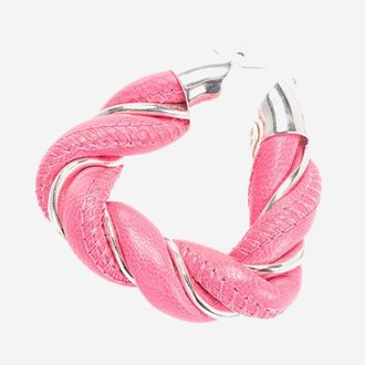 Bottega Veneta Womens Hoop Earrings Silver & Lambskin Candy Pink