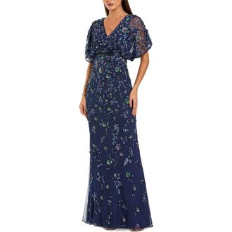 Mac Duggal Floral Embellished Short Sleeve Blouson Gown in Navy at Nordstrom, Size 14