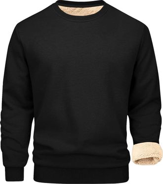 Generic Mens Fleece Round Neck Fleece Jumpers Sweatshirt Sherpa Lined Pullover Sweater Thick Warm Winter Sweatshirt Thermal Fluffy Sweatshirt Casual Solid Col