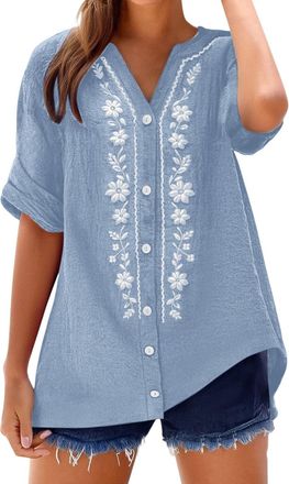 Generic Womens Vests,Summer Tops for Women UK Plus Size Short Sleeve Tunic Blouse Retro Jacquard T-Shirts Baggy Loose Fit Shirt Lightweight Flowy Hem Boho Tee