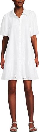 Lands End Elbow Sleeve Eyelet Knee Length Shirt Dress in White Floral Eyelet at Nordstrom, Size X-Small