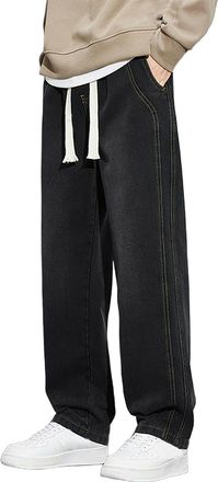 Generic Mens Denim Trousers Loose Fit Drawstring Elastic Waist Baggy Jeans Trousers Straight Wide Leg Denim Jeans Pants Casual Street Lightweight Pants Leisur