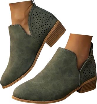 Generic Womens Ankle Boots & Booties,V Cutout Pointed Toe Chunky Stacked Heel Ankle Boots Slip On Vintage Faux Leather Arch Support Shoes Fashion Low Heel Pul