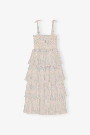 Ganni Floral Printed Pleated Georgette Strap Smock Midi Dress - Size 10/12 Beige