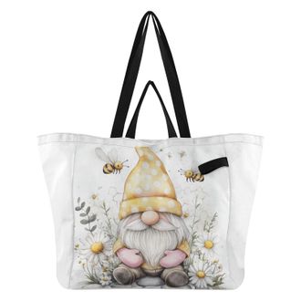 Generic Gnome Honeybee White pattern Reusable Canvas Tote Bag, Heavy Duty Grocery Shopping Bag with Hard Bottom Large Capacity Double Handles Work Groceries T