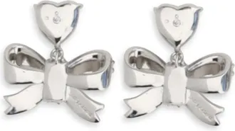 Self Portrait Womens Heart-Shaped Crystal Bow Drop Earrings Silver Brass