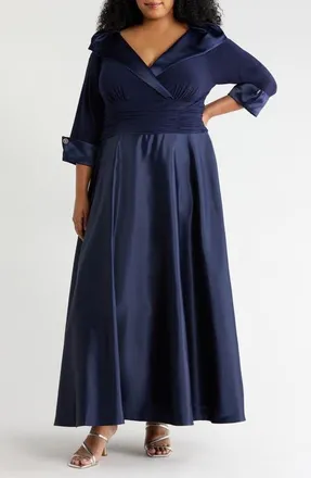 Jessica Howard Rhinestone Button Cuff Sleeve Mixed Media Gown in Navy at Nordstrom, Size 18W
