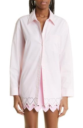 Mach & Mach Oversize Embellished Heart Trim Cotton Button-Up Shirt in Pink at Nordstrom, Size 14 Us