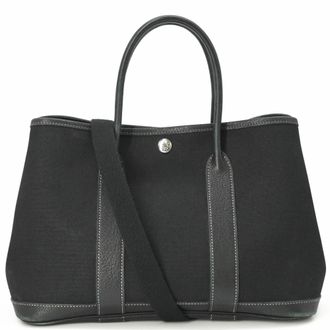 Herm&egrave;s Garden Black Toile Officier Handbag Tote Bag (Pre-Owned)