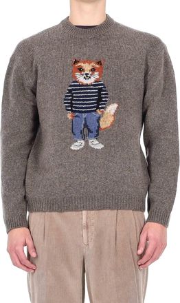 Maison Kitsun&eacute; Wool-Mohair Crewneck Sweater with Fox Jacquard