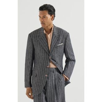 Brunello Cucinelli Linen chalk stripe chevron Tailor blazer with metal buttons in Anthracite at Nordstrom, Size 56