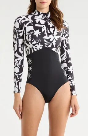 Rip Curl Topanga Geometric Print Embroidered Long Sleeve One-Piece Rashguard Swimsuit in Black at Nordstrom, Size X-Large