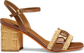 Santoni Leren sandaal met middelhoge hak en raffia - Dames - Sandalen met hakken - Bruin - 39 1/2 EU - Leer - Schoenen