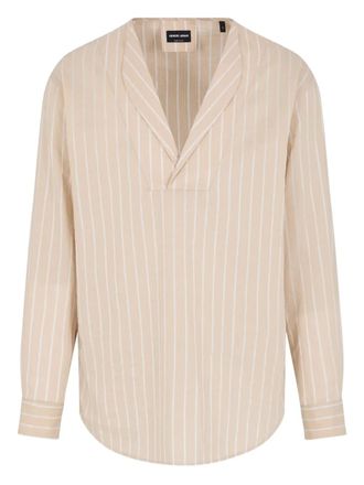 Giorgio Armani Gestreept overhemd met V-hals - Beige