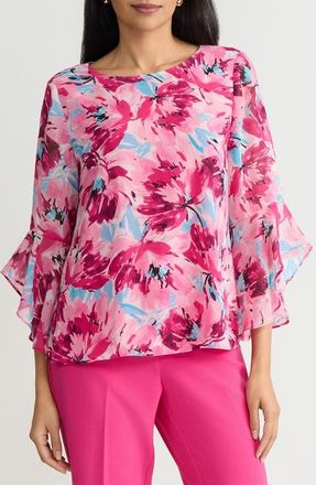 Kasper Floral Print Flutter Sleeve Top in Lily White Multi at Nordstrom, Size X-Small