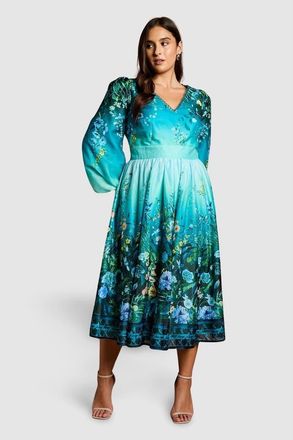 Coast Plus Placement Print Organza Midi Dress in Teal at Nordstrom, Size 14