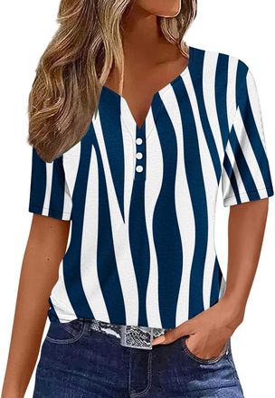 Generic Womens Short Sleeve Tops 2025 Dressy V Neck Tunic Blouses Floral Print Henley Shirts Y2K Boho Summer Spring Outfits Button Pullover Tops Cute Printed 