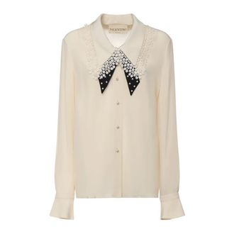 Valentino Garavani Shirts, female, Beige, Size: XS Silk and Lace Shirt with Bow Tie