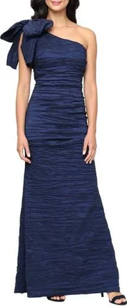 Alex Evenings Bow Detail One-Shoulder Ruched Satin Gown in Navy at Nordstrom Rack, Size 12