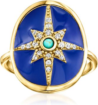 Ross-Simons Blue Enamel, Turquoise and White Zircon North Star Ring in 18kt Gold Over Sterling