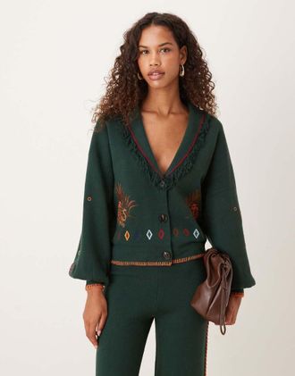 Never Fully Dressed Safari - Cardigan in maglia verde bottiglia ricamato in coordinato
