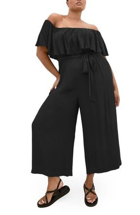 City Chic Emery Off the Shoulder Wide Leg Jumpsuit in Black at Nordstrom, Size Xxxs