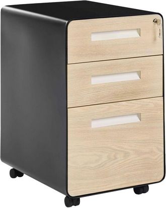 Beliani Storage Cabinet Black and Light Brown Steel 3 Drawers with Wheels Key-Locked Modern Office LARCO