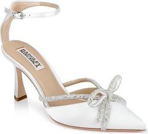 Badgley Mischka Ann Ankle Strap Pointed Toe Pump in White Satin at Nordstrom Rack, Size 10