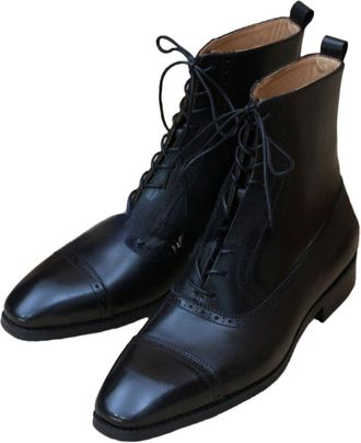 Generic Mens Lace Up Vintage Brogue Boots Faux Leather Short Boots Square Toe Uniform Dress Shoes,Black,9.5 UK