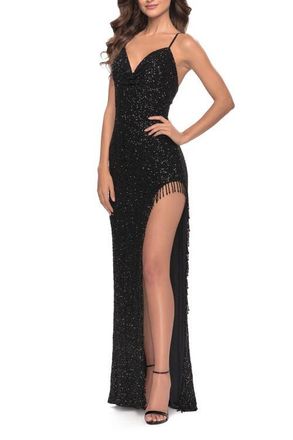 La Femme Sequin Dress with Stunning Fringe Beaded Slit in Black at Nordstrom, Size 10