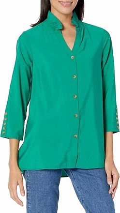 Multiples Y-Neck Crinkle Woven Blouse In Emerald Green