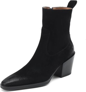 Generic Womens Pointed Toe Ankle Boots Suede Upper Western Style Block Heels Slip On Pull Tab Soft Comfortable Cushioned Insole Flexible Fit Durable,Black,3.5