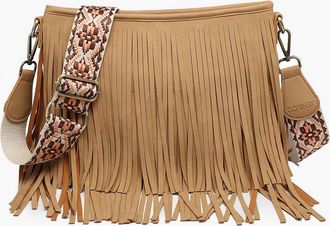 Jen & Co. Womens Sadie Suede Fringe Crossbody Bag With Guitar Strap In Tan