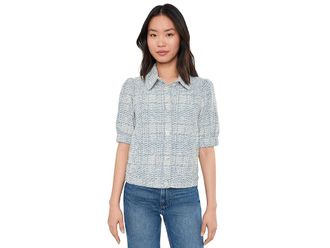 Liverpool L.A. Short Puff Sleeve Jacket Womens Jacket Cream Blue Plaid : LG, Cotton/Elastane/Polyester