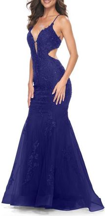 La Femme Lace and Tulle Mermaid Gown with Side Cut Outs in Jewel Tones in Marine Blue at Nordstrom, Size 10