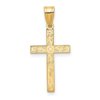 Diamond2Deal 14k Yellow Gold Etched Floral Cross Pendant