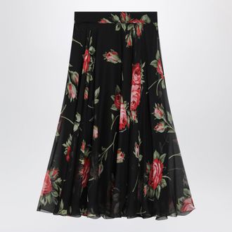 Dolce & Gabbana Chiffon circle skirt with bouquet rose print, black