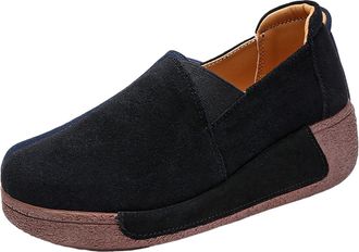 Generic Autumn Women Casual Shoes Round Toe Everyday Comfort Flock Mid Heel Platform Thick Sole Shake Footwear for Ladies Walking (Black, 5.5)